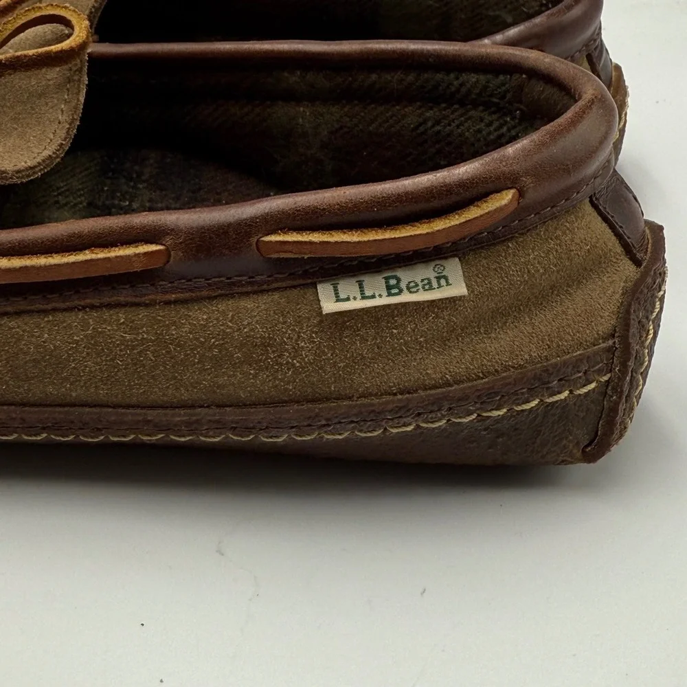 LL Bean Suede Leather Moccasin Handsewn‎ Slippers Flannel Lined Brown Mens 7